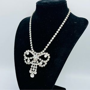 Vintage silver tone clear rhinestone choker necklace bow dangles costume jewelry